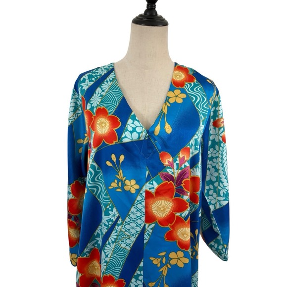 Natori Blue Mikoto Zip Front Kaftan Nightgown Dress Sz S Floral Kimono Style - Picture 2 of 8